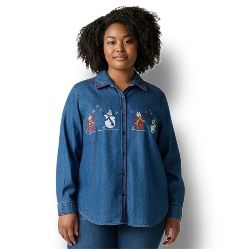 White Stag Women’s Long Sleeve Button Down Shirt Denim Christmas VTG 90s 18W/20W